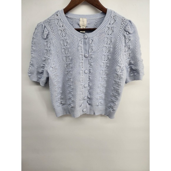 Joie Sweaters - Joie Women Light Blue Chevron Pointelle Knit Puff Sleeve Cardigan Sweater Size M
